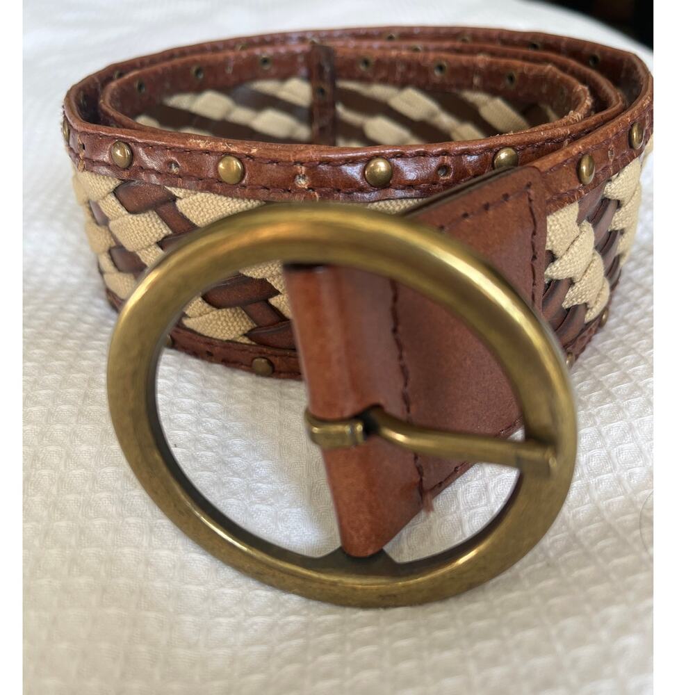 Leather and Canvas Woven Belt Size Large Brown/Tan Preppy Spring Casual